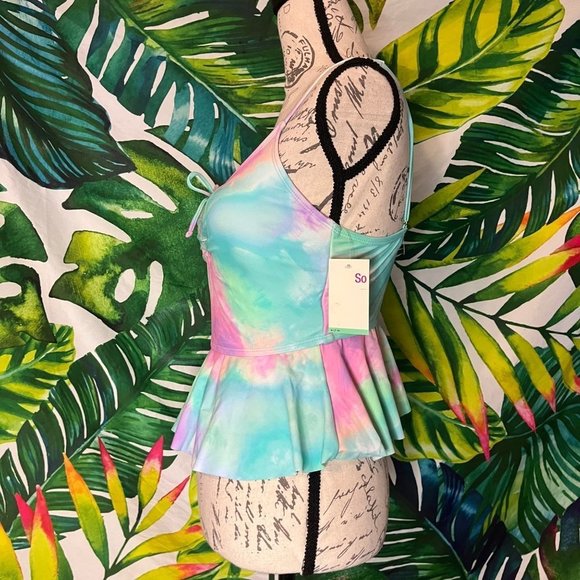 NWT SO Juniors Medium Aqua Purple Pink Mermaid Color Ruffle Tankini Swim Top - Picture 3 of 6